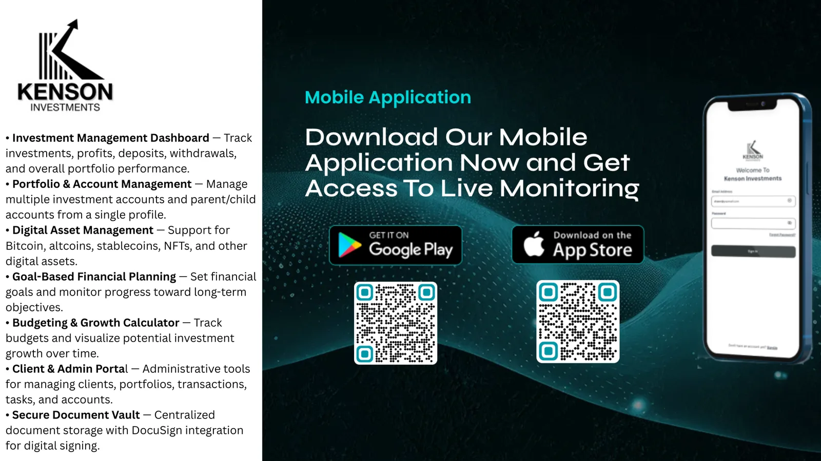 Kenson Investments cryptocurrency investment app screenshot showing portfolio dashboard