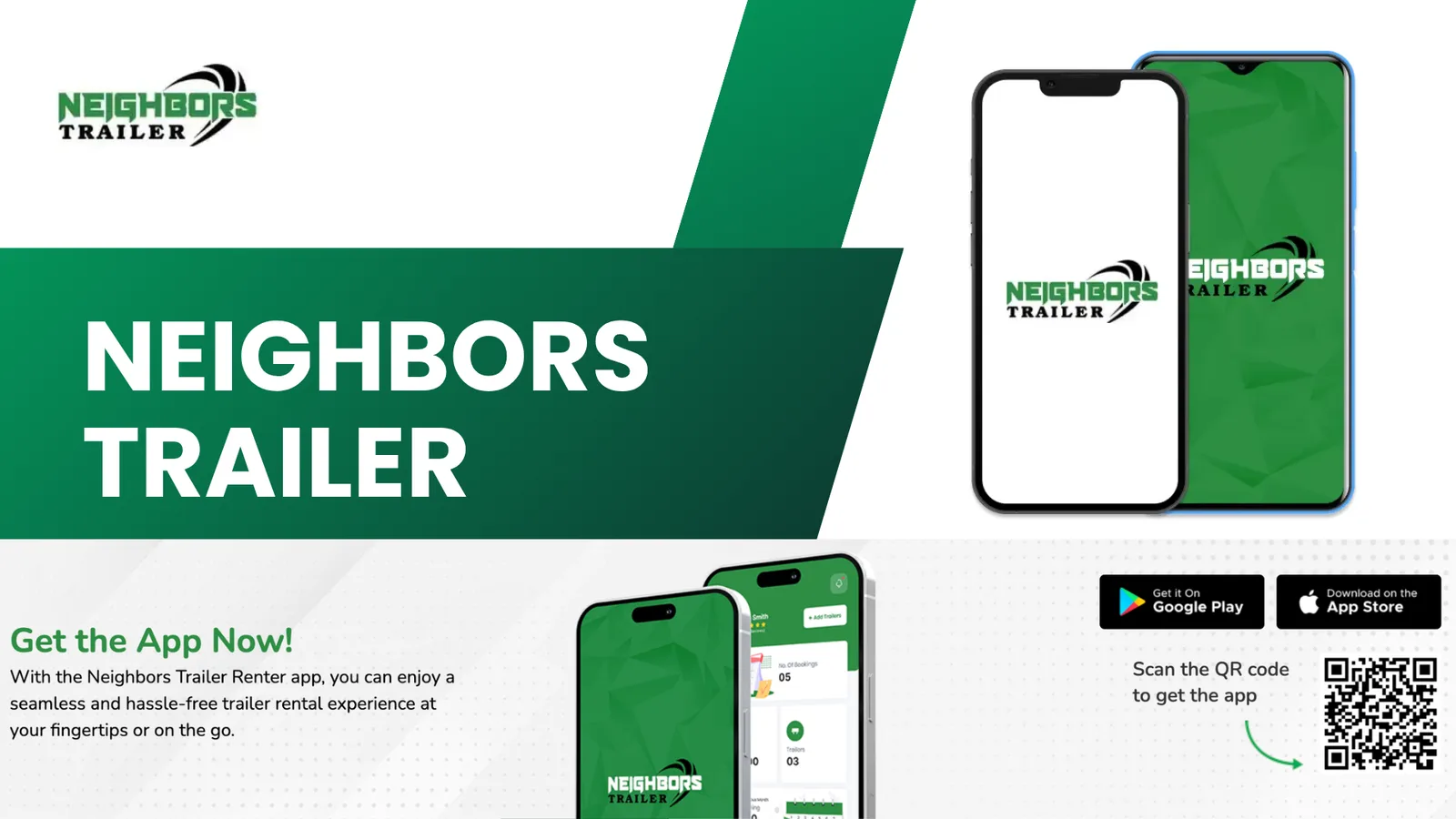 Neighbors Trailer rental marketplace app screenshot showing trailer listings and booking