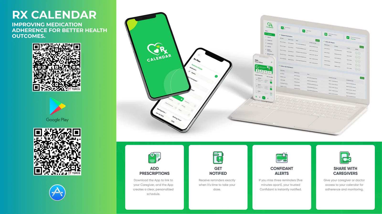 RxCalendar medication scheduling app screenshot showing dosage reminders and adherence tracking