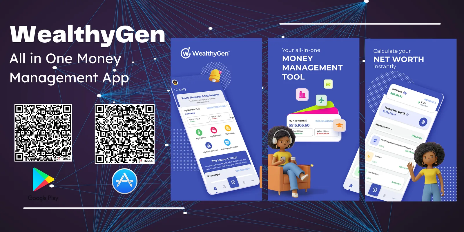 WealthyGen AI-powered personal finance app screenshot showing budgeting and expense tracking